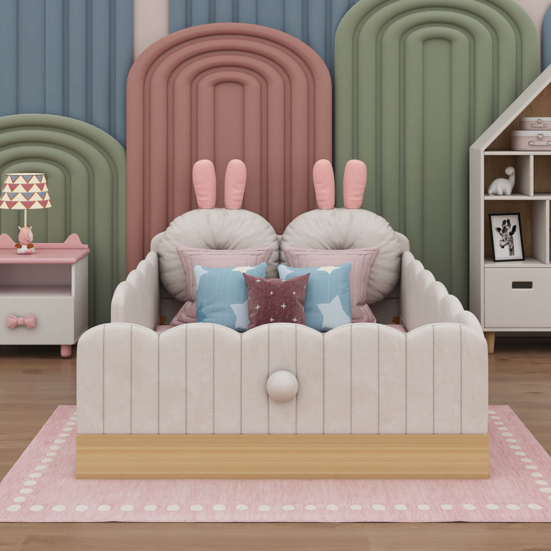 Lit plateforme tapissier simple avec coussins et sacs de rangement, Beige