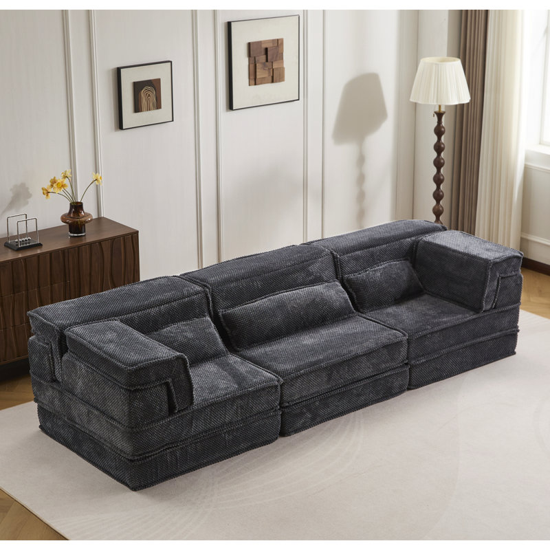 Compression Mahjong Sofa,Convertible Floor Sofa Bed,Diy Boneless Modular Sectional Sofa,No Assembly Required,Circle Fleece Fabric,Oversized 3 Seater With 3 Pillows
