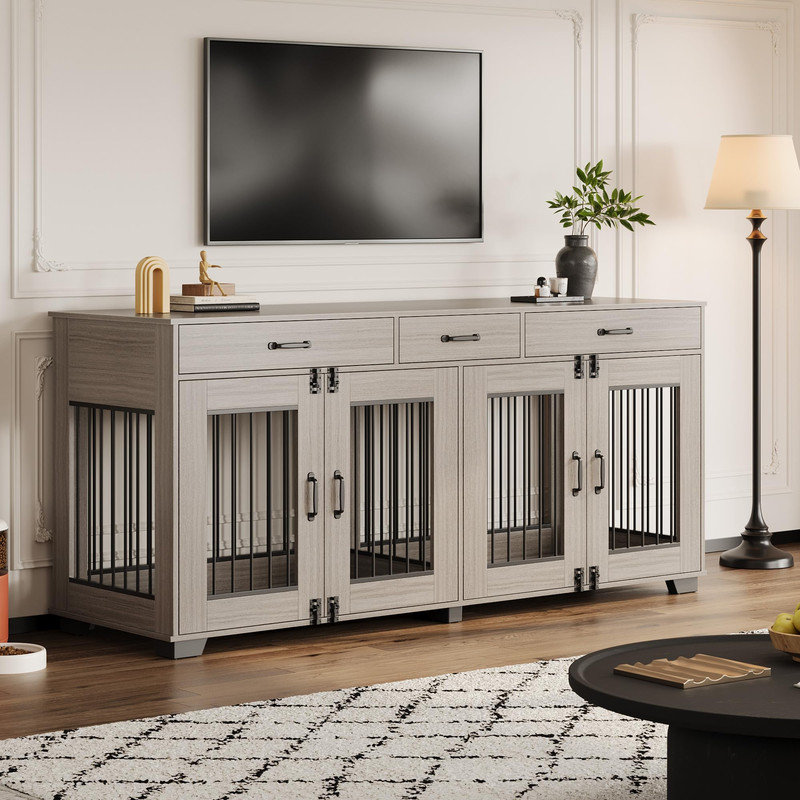 Meuble de 71 po pour 2 chiens, cage intérieure en bois avec cloison, meuble télé et table de bout, Gris