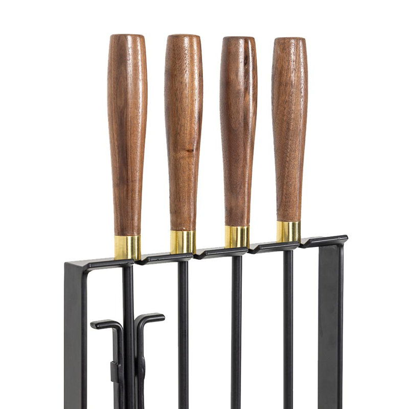 Modern Black Steel Fireplace Tool Set with Walnut Wood Handles