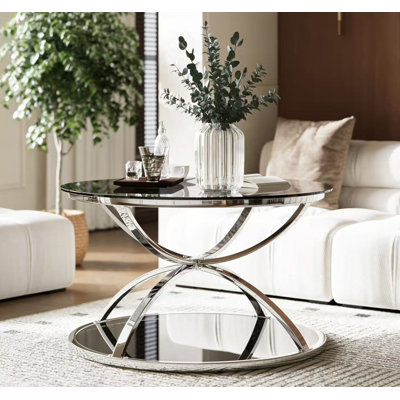 Table basse moderne en verre trempé transparent à double couche de 31,5 pouces à cadre circulaire en métal, idéale pour le salon, la chambre à coucher et le bureau, argent