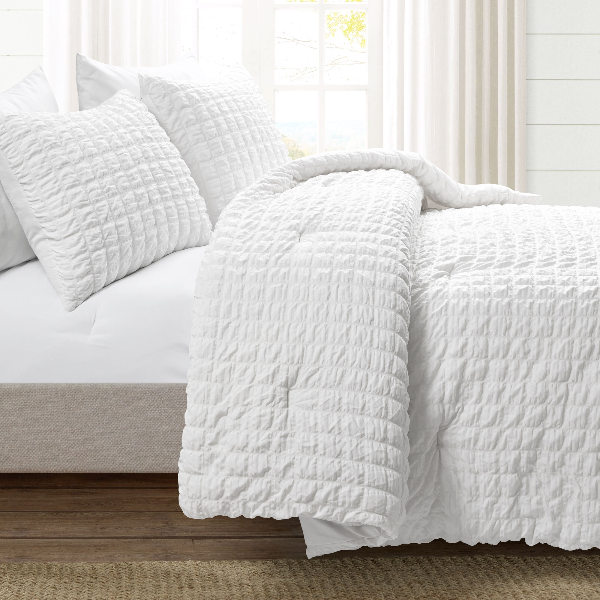 Crinkle 3 Piece All Season Crinkle Textured Dobby Comforter Set, Full, White