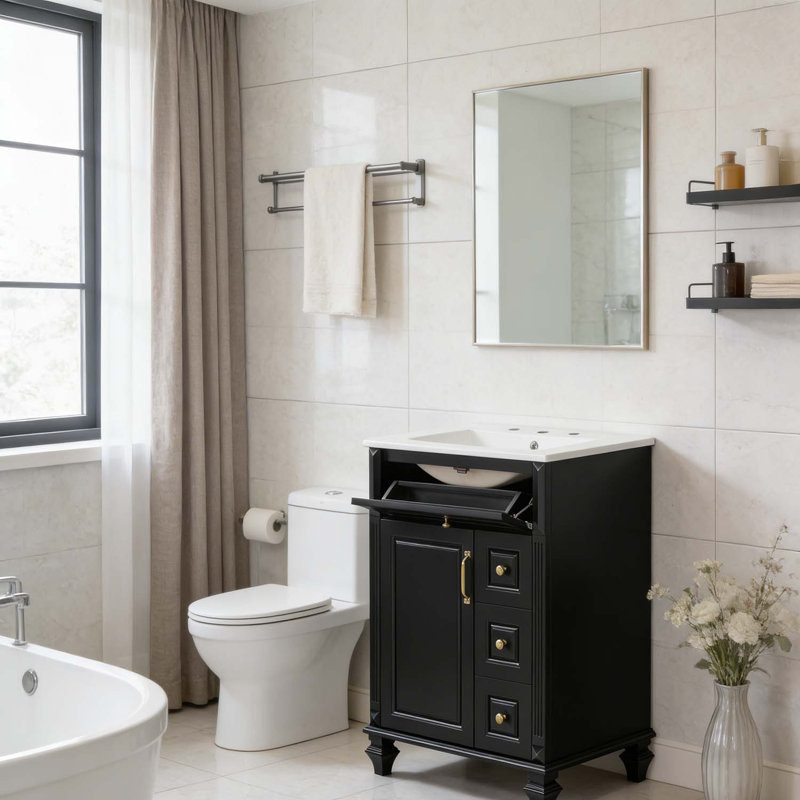 Meuble-lavabo autoportant avec lavabo en céramique, Noir