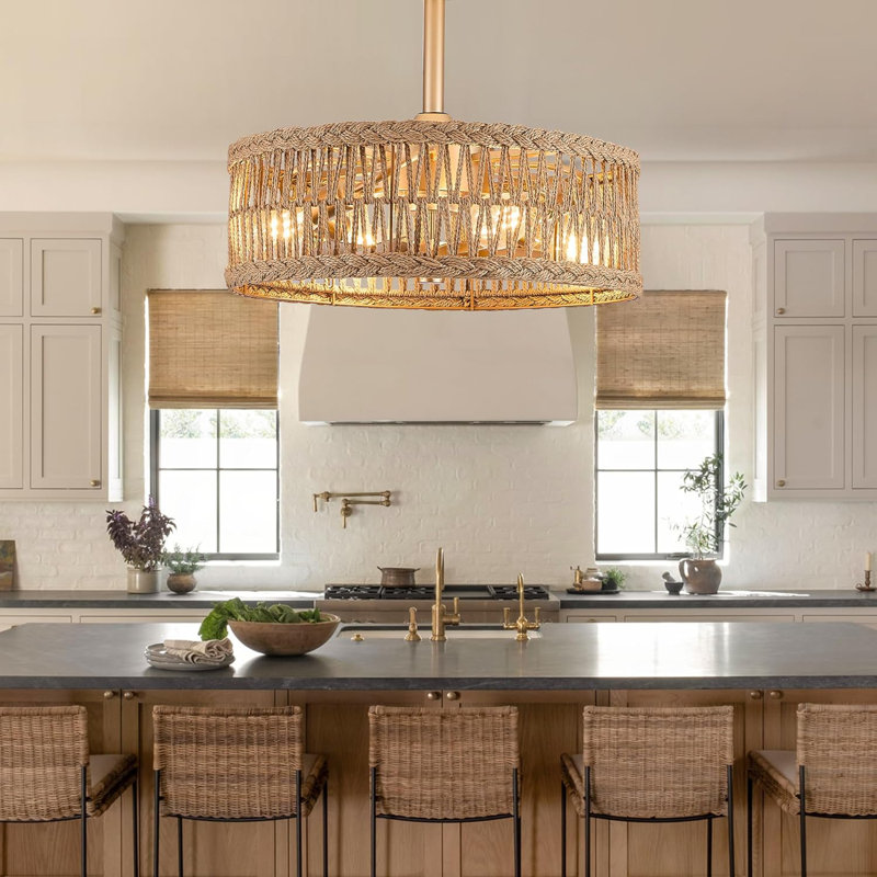 20 inch Gold Semi Flush Mount Rattan Ceiling Fan Light Fixture, Drum Shade with 7 Transparent Blades,Remote Control, E26 Base, Reversible Motor, Farmhouse Boho Style