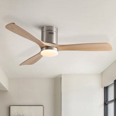 Mordern Cozy Natural Style Solid Wood Low Profile Flush Mount Intergrated LED Ceiling Fan With Light