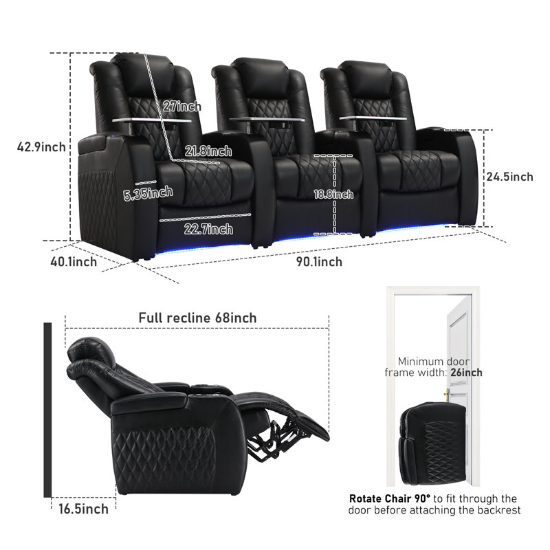 Siège de cinéma en cuir Ahlaya avec porte-gobelet, Cuir véritable noir