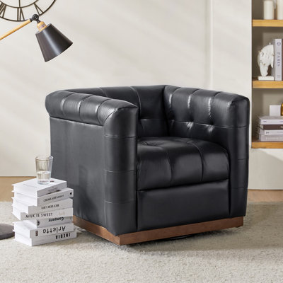Sonika Genuine Leather Square Swivel Barrel Club Chair with Solid Wood Frame