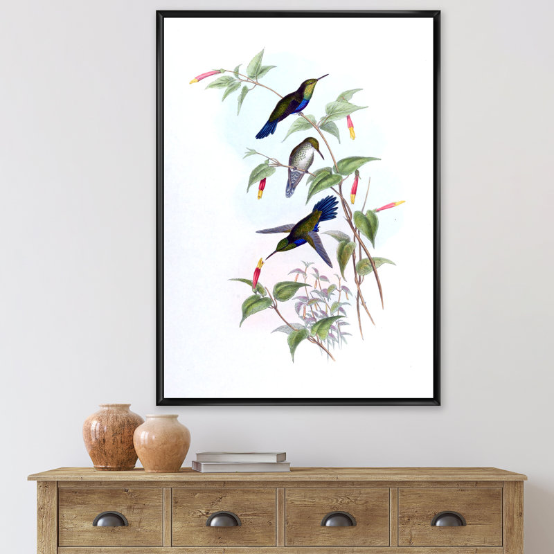 Colibri rétro I - peinture sur toile, H 32 po x l 16 po x P 1 po, Cadre flottant noir