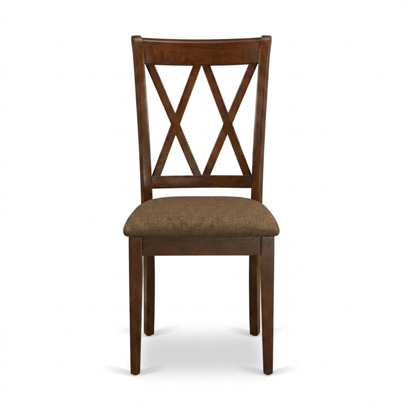 Ensemble de salle à manger rectangulaire 5 pièces en bois dur asiatique acajou avec motif de feuille papillon et 4 chaises de cuisine en lin.