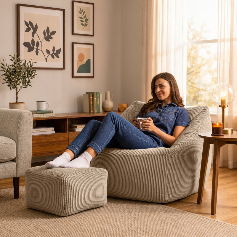 Bean Bag Bazaar Natalia Corduroy Armchair Bean Bag and Square Footstool, Stone