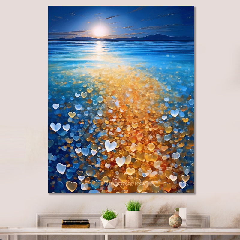 Petits cœurs sur la plage tropicale de la pleine lune, H 40 po x l 30 po x P 1,5 po, Toile tendue