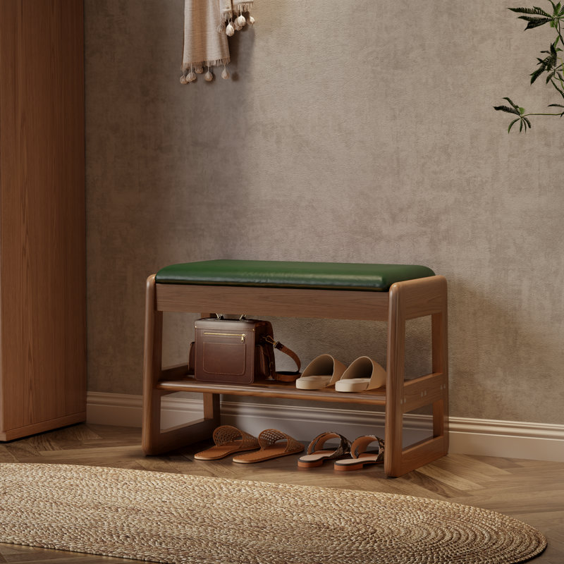 Solid wood shoe benches, leather or linen seat, double-tiered shelf design, flip-up storage, 23.6" W, Green/Walnut
