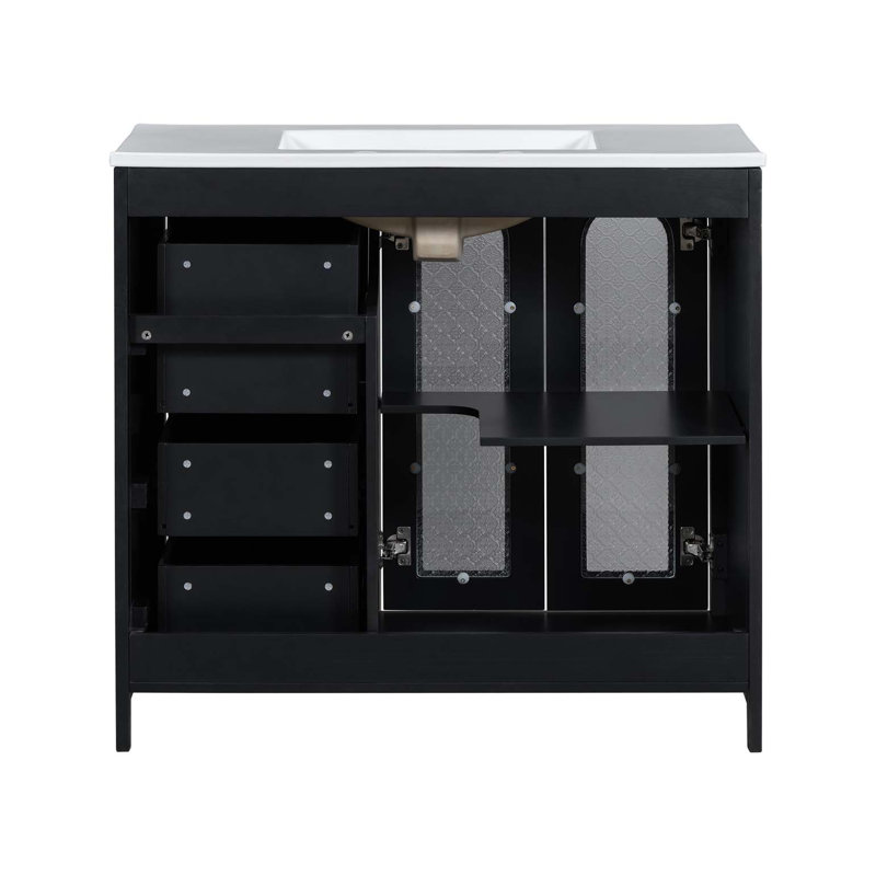 Meuble-lavabo de 36 pouces avec deux portes à fermeture douce, des tablettes réglables et trois tiroirs, Noir