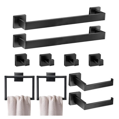 10 Pieces Bathroom Hardware Accessories Set 16 Inch Wall Mounted Towel Bar Set Towel Rack Rings Stainless Steel Toilet Paper Holder Bath Coat Hooks