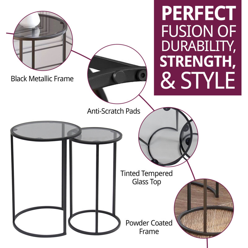 Blanton Glass Top Frame Nesting Tables, Grey/Black