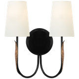 Kairos 14" Double Sconce in Aged Iron and Roman Bronze with Linen Shades