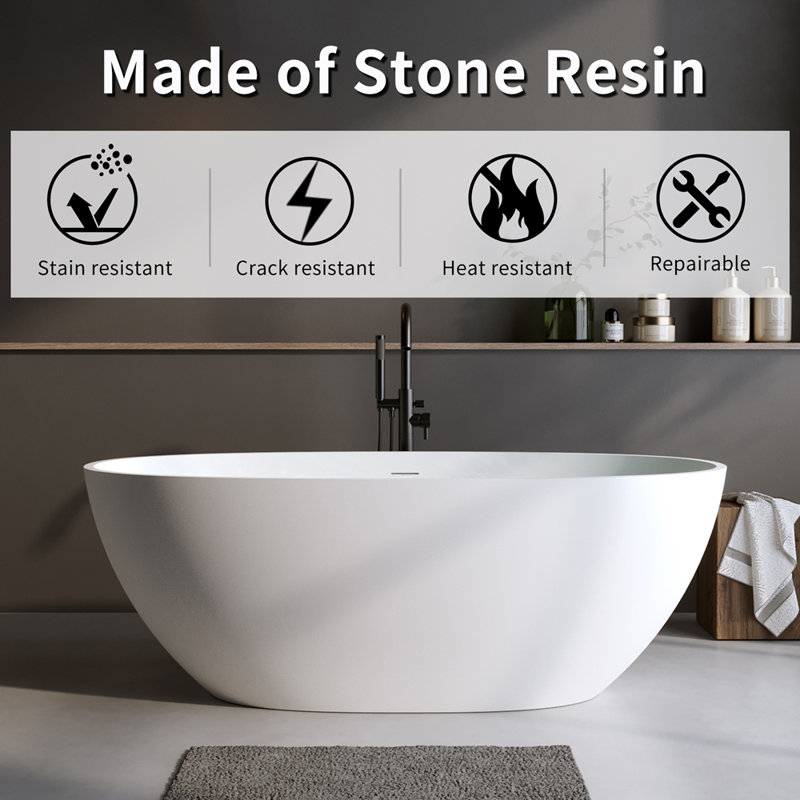 55?Solid Surface Matte Tub, Solid Surface Soaking Tub, Stone Resin Freestanding Bathtub, Thick Edge Stand Alone Tubs with Overflow, Pop-up Drain