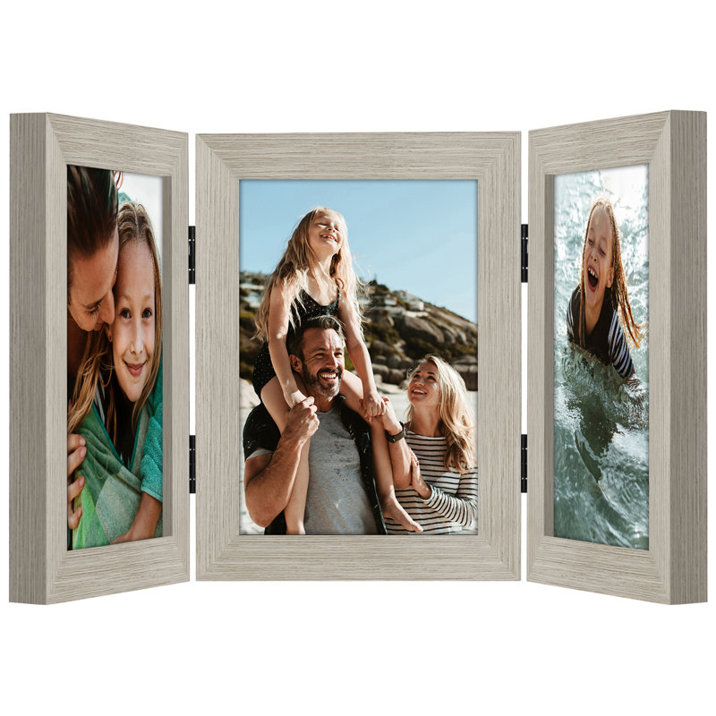 Hinged Frame For Desk Three Pictures - Composite Wood and Shatter-Resistant Glass, 5" x 7", Driftwood