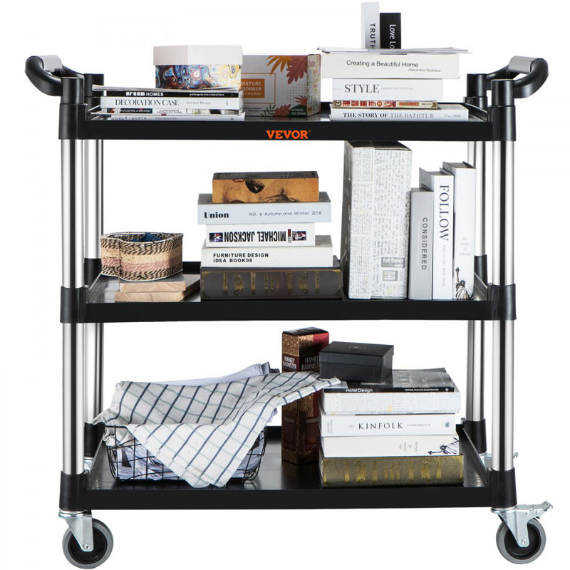 Black 3-Tier Utility Service Cart with Metal Wheels