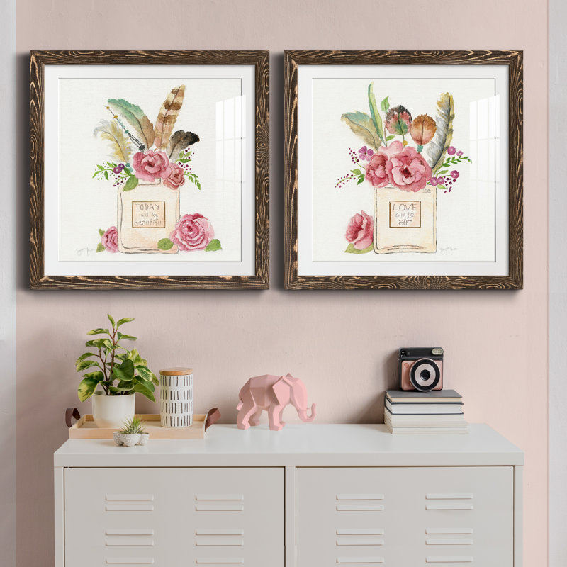 Boho Bouquet I - Ensemble de 2 reproductions d'art sur papier, H 24 po x l 48 po x P 1 po, Papier, cadre noyer