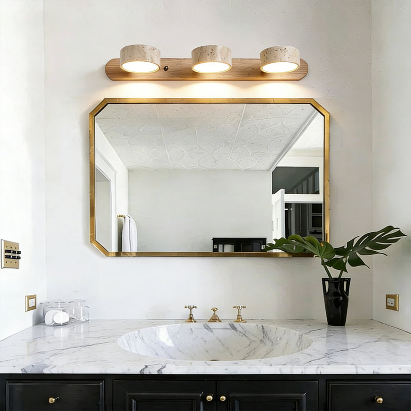LED Mirror Light With 3 Travertine Stone Shades, Polished Natural Wood Base, Built-In LED Wall Sconce, 360° Rotatable Stone Lampshades, Modern Rustic Vanity Wall Light For Bathroom, Bedroom, Living Room