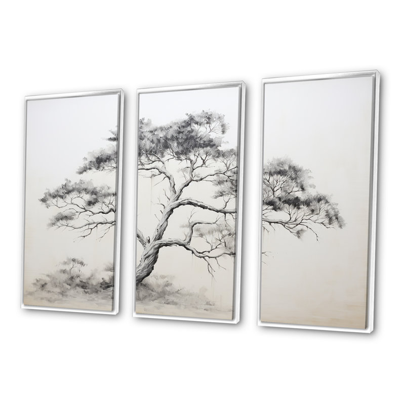 Minimalisme - Arbre de pin blanc Dream III - Ensemble de décoration murale pin, Cadre flottant blanc