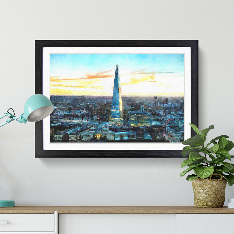 The Shard London England Skyline - Picture Frame Painting Print, 45cm H x 63cm W x 2cm D, Black Framed
