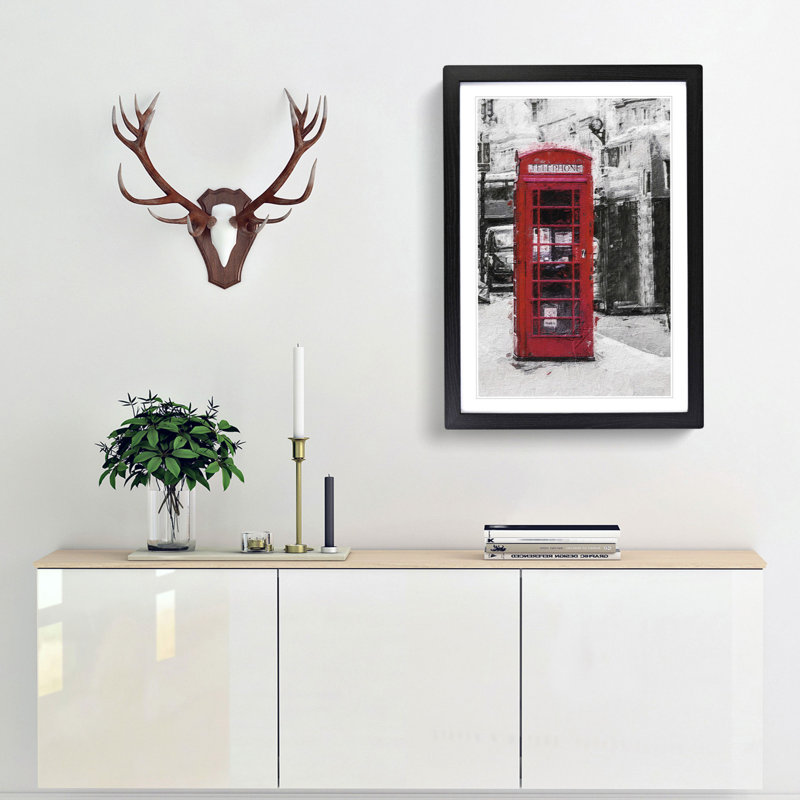 A Red Telephone Box In Abstract - Single Picture Frame Painting, 45cm H x 33cm W x 2cm D, Black Framed