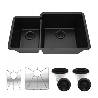 Évier de cuisine 32 po x 19 po en quartz, évier à double cuve 40/60, évier encastré, évier de cuisine encastré, évier de cuisine en granite, avec 2 grilles en acier et crépine, bride d'évacuation