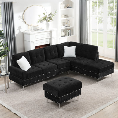 Canapé modulaire 102 po à 3 places (noir) - Méridienne réversible, repose-pieds avec rangement, pieds en métal et clous en cuivre, avec 2 coussins blancs (l 102 po x P 76 po x H 35 po)