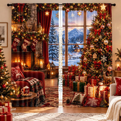 Ensemble de 2 rideaux à motif de village de montagne hivernal, tissu filtrant la lumière, préservant l'intimité, œillets pour tringle, lavables à la machine, parfaits pour le salon, la chambre à coucher, la décoration de Noël et une ambiance chaleureuse. Un incontournable !