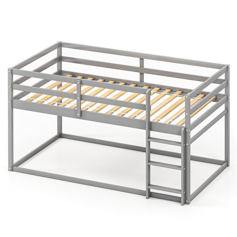 Lit mezzanine simple en bois massif avec glissoire et échelle, gris