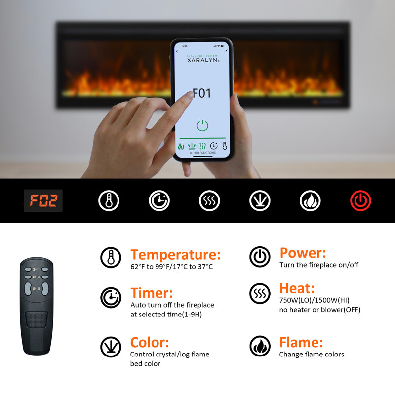 80 Inch, Recessed & Wall Mounted WiFi-Enabled Electric Fireplace Inserts with Remote Control,Timer & Thermostat Fireplace Heater, Log Set & Crystal Options, 750W/1500W, Black
