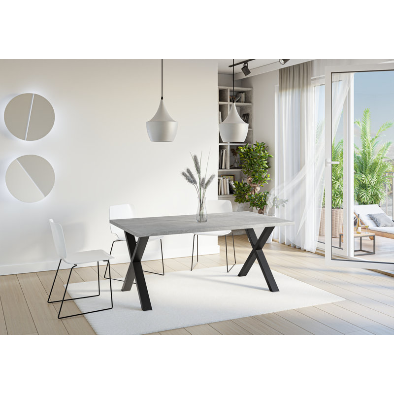 Dining Table Asai with X-Shaped Black Metal Legs, Grey