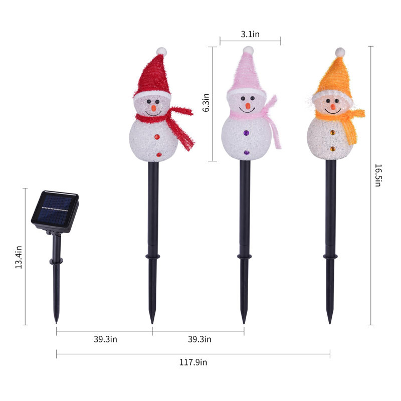 Set of 3 Solar LED Snowman Pathway Lights - Waterproof Christmas Decorations