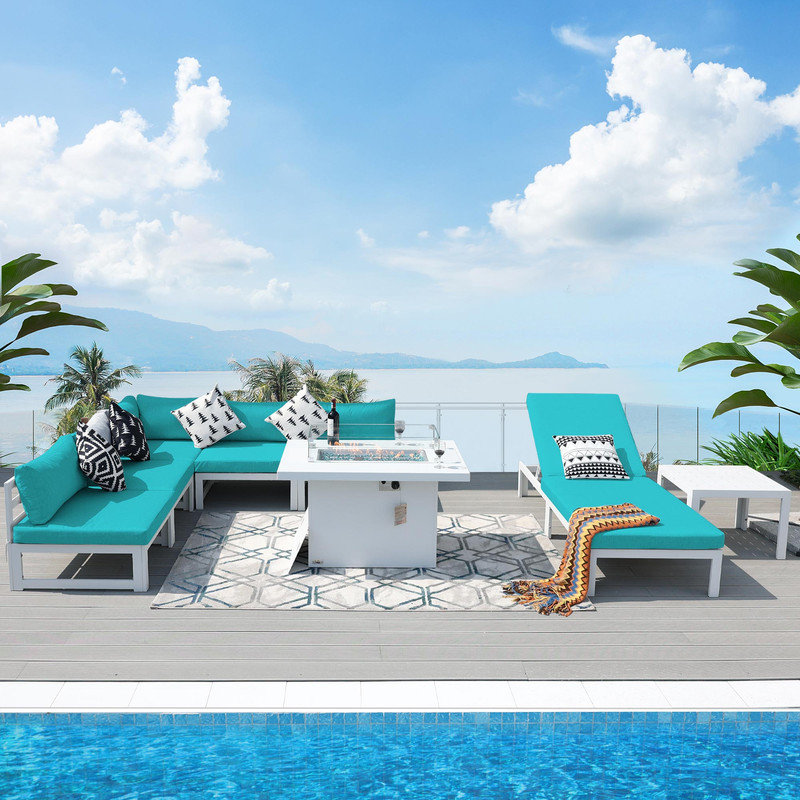 Ensemble de patio complet 8 pièces avec coussins Lich, Turquoise