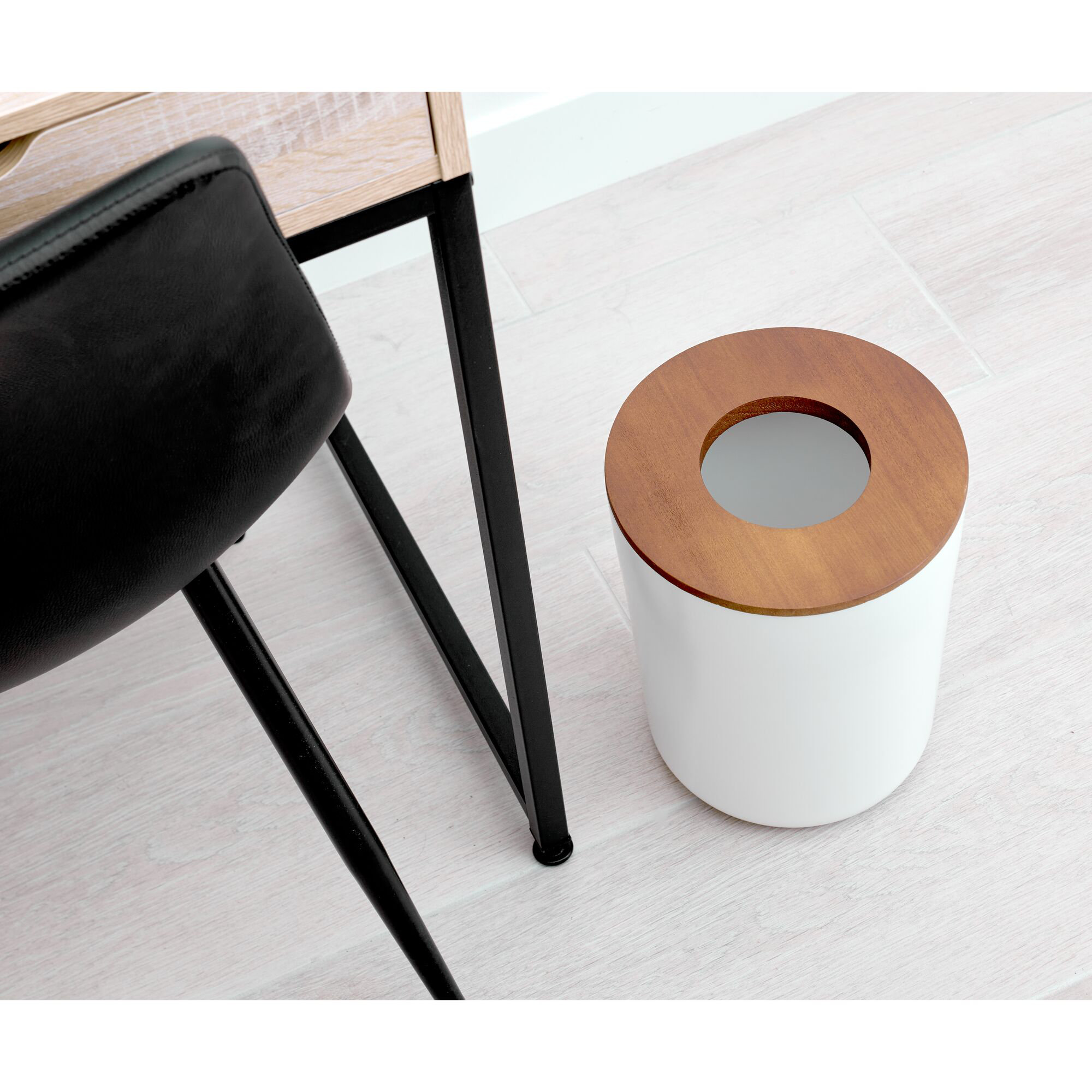 iDesign Eco Vanity Steel Waste Basket with Paulownia Wood Lid, Coconut