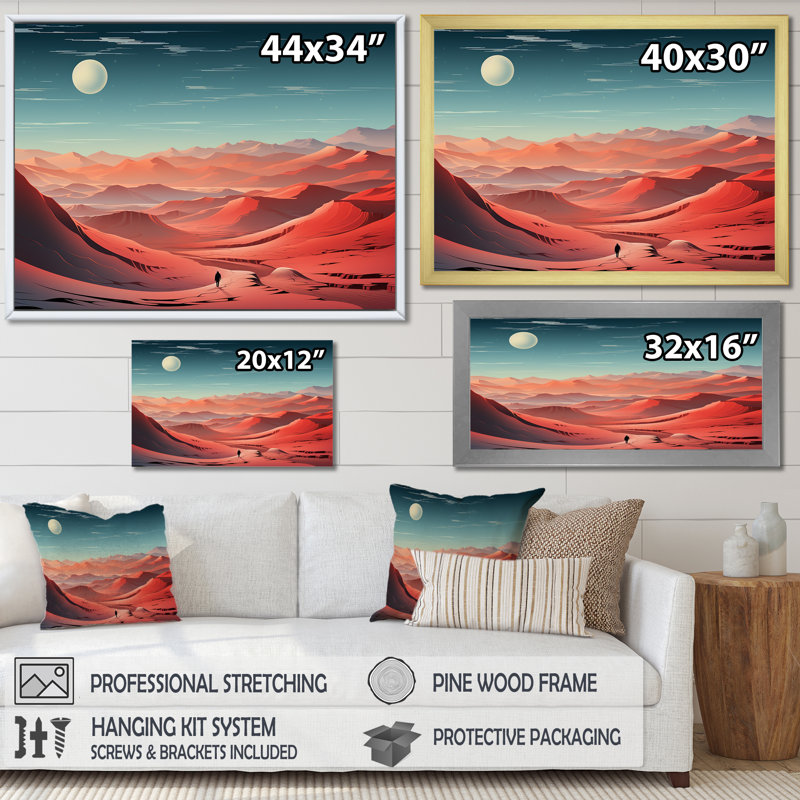 «Crimson Sands Desert Moon Horizon I», art mural désert, Cadre d'angle fermé noir, H 34 po x l 44 po x P 1,5 po