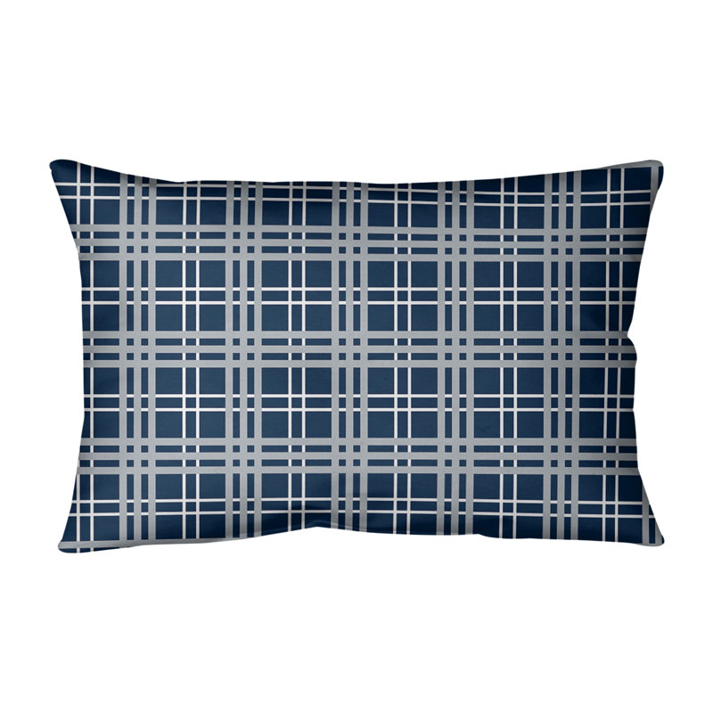 Plaid Leather/Suede Reversible Throw Pillow, Nautical Blue/White/New Century Silver, Poly Twill