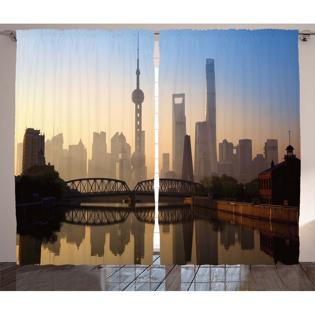 Rustikaler Vorhang, Shanghai Morning View, Landschaft, Braun Blau