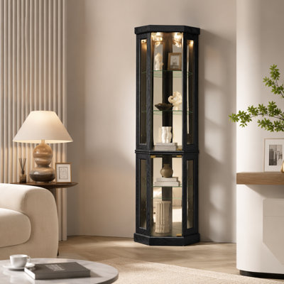 Lighted Corner Curio Cabinet - Display Case for Living Room, Antique Collectibles, Wine & Bar Glass Storage - Elegant Corner Design with Lights Included-BLACK