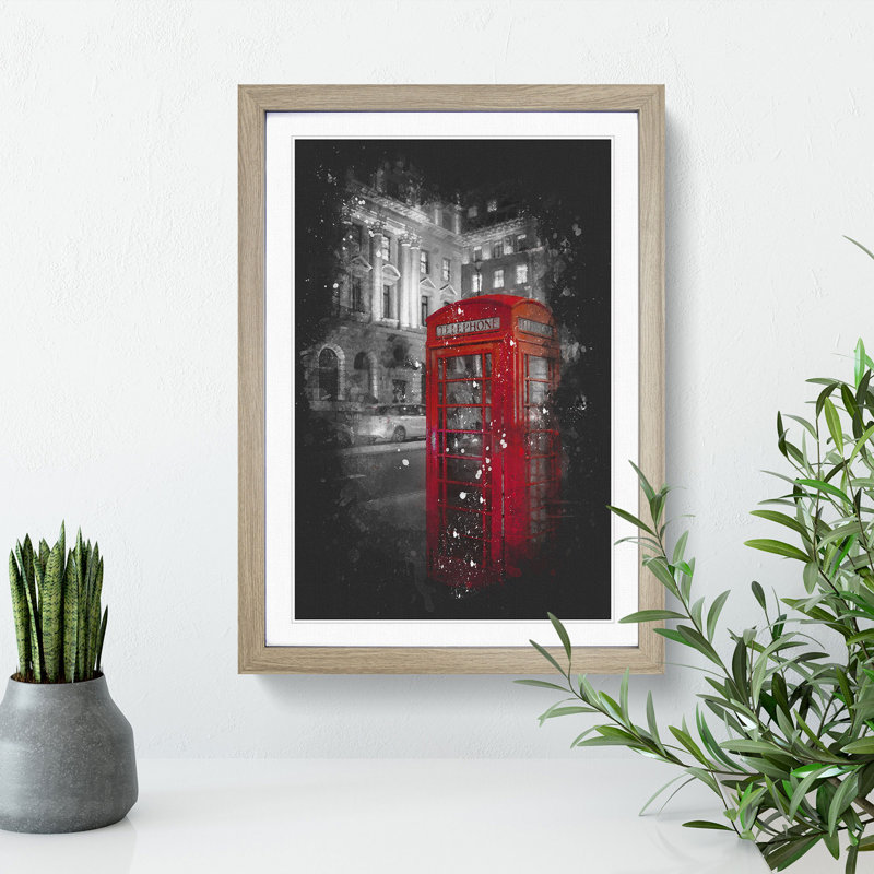 Red Telephone Box - Picture Frame Painting, Oak Framed, 36cm H x 27cm W x 2cm D