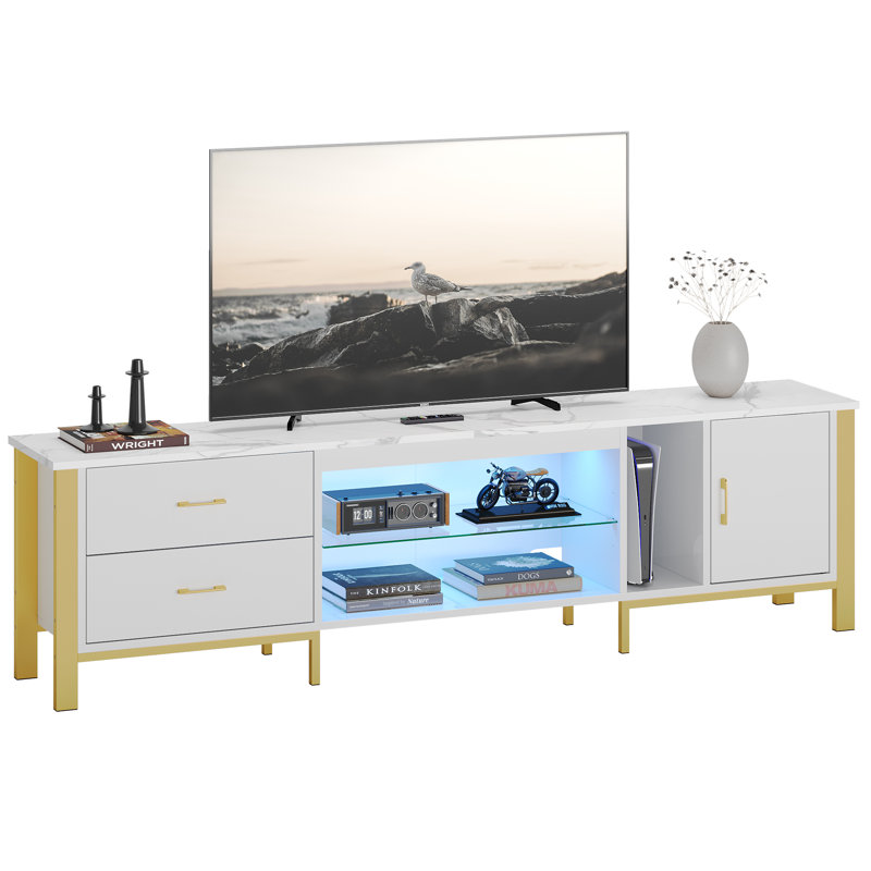 Hollydale 80'' W Modern TV Stand for up to 80 inches TV, Glossy Media Console with Adjustable Glass Shelve, LED TV Stand with storage