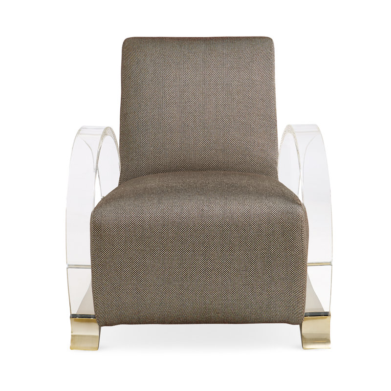 Transitional Beige Metal Base Accent Chair with Acrylic Arms