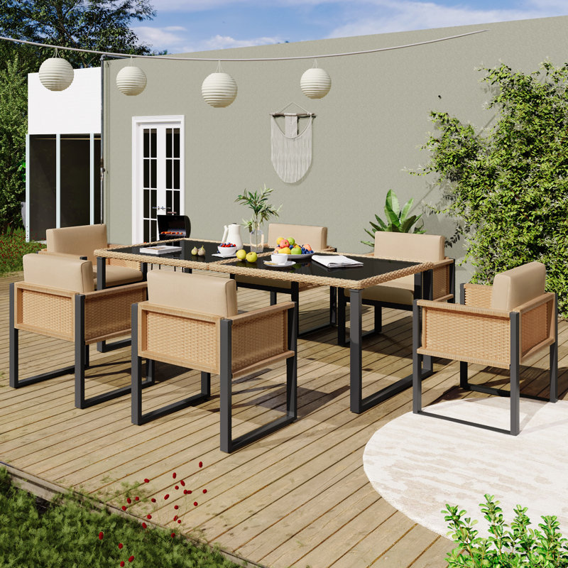 6 - Person Patio Dining Set Rectangular Table, Brown, Black