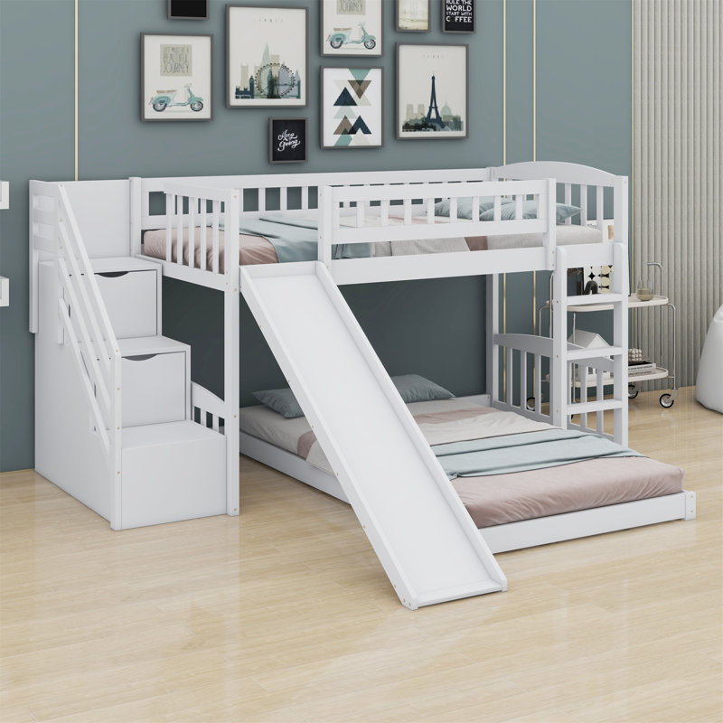 Lit superposé avec escalier et glissade, Blanc