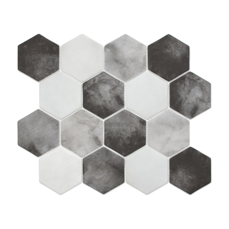11.8" x 10.2" Hexagon Recycled Glass Floor & Wall Mosaic Tile, Gray