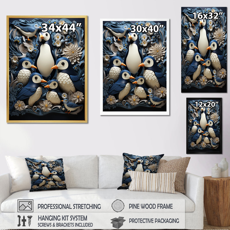 Reproduction sur toile d'un pingouin monochrome, Cadre flottant blanc, H 40 po x l 30 po x P 1,5 po