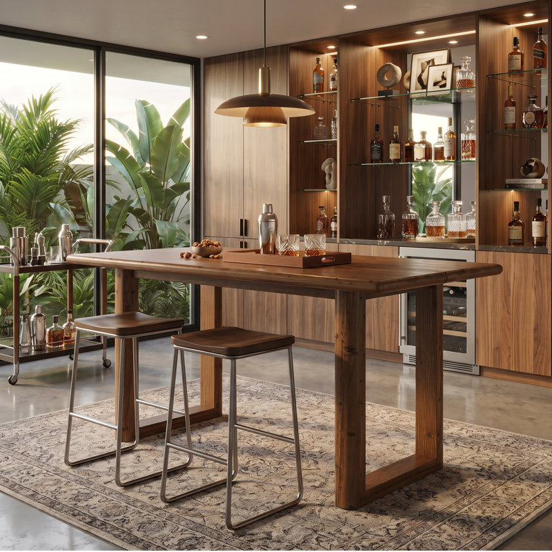 Farmhouse 63" Solid Wood Bar Table, Rectangular Counter Height Table with Open U-Shape Legs