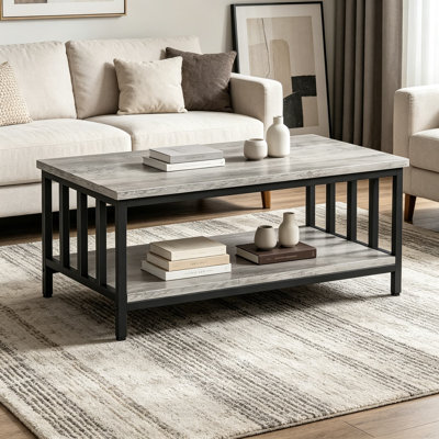 Modern Farmhouse Coffee Table with Slatted Sides and 2-Tier Storage Shelf, 39.4L x 21.6W x 18.1H, Grey Wash for Living Room, Home Office, and Apartment